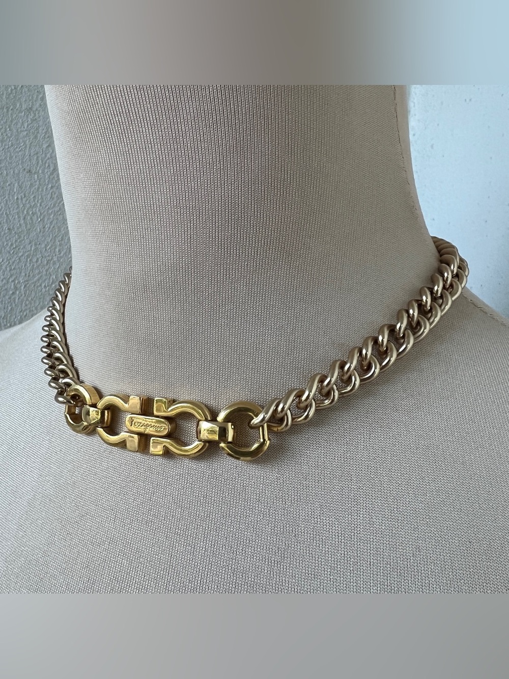 Custom Vintage Ferragamo Gancini Necklace Two Tone Gold Choker 15” - Picture 3 of 13